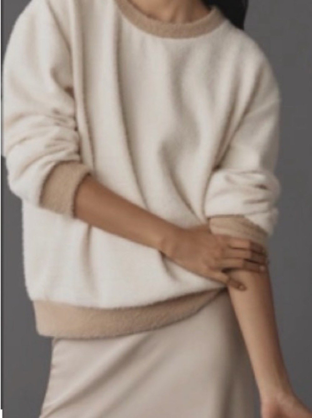 Maeve Cream Sherpa Fleece style Sweater with Beige Trim SZ S Warm Minimalist